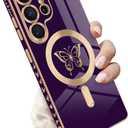 for Samsung Galaxy S25 Ultra 5G Magnetic Case, Cute Butterfly Luxury Plating Edge Case for Women Girls Men Soft TPU Shockproof Full Camera Protective Cover for Samsung Galaxy S25 Ultra-Purple