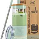 Pandaloo Glass Cups With Lids and Straws -20 Fl Oz- Perfect Size Iced Coffee Cup - Smoothie Cup With Bamboo Lid and On the go Lid (Sweet Sage, 1 Count (Pack of 1)