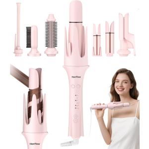 7 in 1 Automatic Curling Iron Interchangeable Barrels -0.5",1", 1.25", 1.5" Curling Wand, Hair Crimper & Straightening Brush,& Rotating Curler, 300M Negative Ions & Dual Voltage, Home & Travel