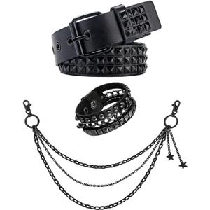 Double Grommet Star Studded Belt, Y2k EMO Punk Belt for Women,Black Grunge Goth Belts with Star Pants Chains (Black)