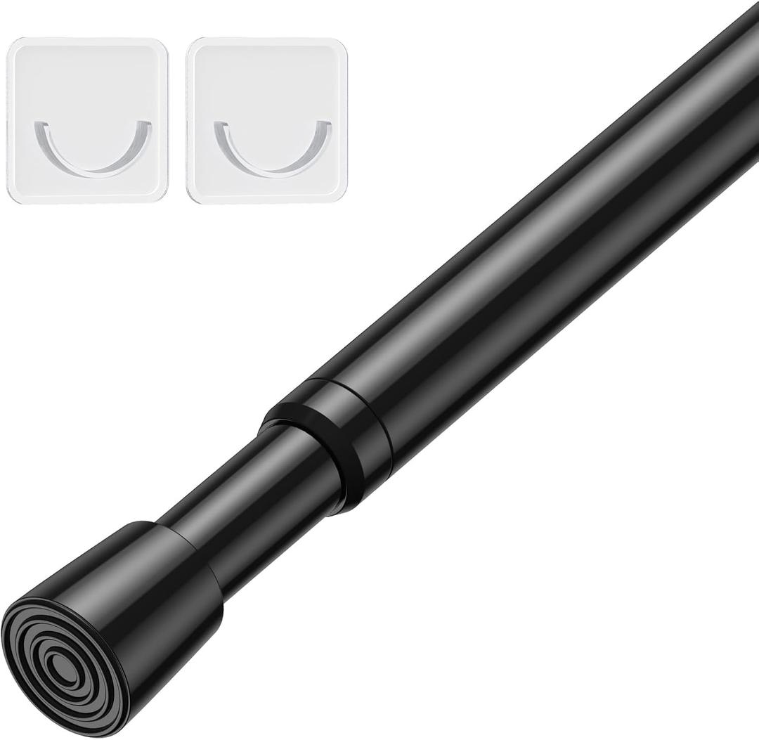 Tension Curtain Rod 26-39 Inch No Drilling Spring Loaded Curtain Rods Adjustable Extendable Tension Rods for Window Closet Bookshelf Kitchen Bathroom, Black