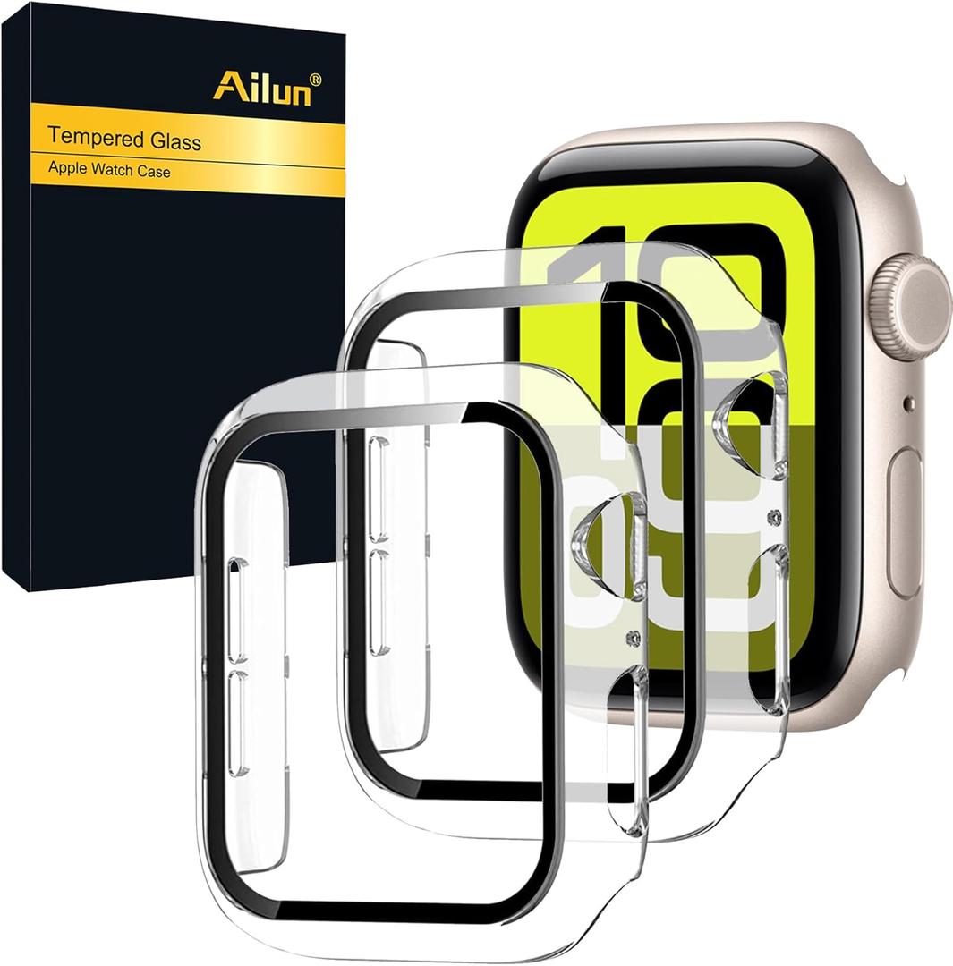 Ailun for Apple Watch SE 3/SE 2023/Series 6/5/4/SE Screen Protector [44mm], Ultra-Thin Hard PC Case Built in Tempered Glass for iWatch, Shockproof Cover with Button [2 Pack][Clear] (Transparent)