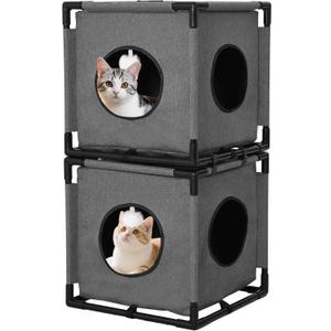 2-Story Cat House for Indoor Cats - Large Cat Cave Bed with Soft Velvet Pad and Fluffy BallStable and Easy to Assemble Kitty Fort, Muti-Functional Cat Condo Grey