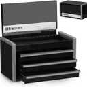 P.I.T. Mini Black Tool Box, Portable 3 Drawer Steel Stackable Tool Box with Magnetic Tab Locking, Black Micro Top Chest with Liner for Tools Storage and Organizers, Home DIY