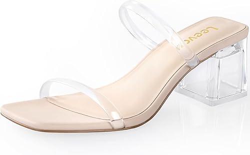 Square Toe Heeled Sandals for Women - Women's Low Block Heels Sandals - 2.25IN Open Toe Ankle Strap Chunky Heels - Slip on Heeled Sandal Mule- Nude Black Strappy Heels for Party Wedding Dress Shoes, Size 7,5 Clear