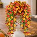 Artificial Fall Hanging Flowers for Outdoors, 2Pcs Faux Silk Fake Morning Glory Mums for Autumn, UV Resistant Realistic Plants for Home Garden Porch Patio Balcony Planter Yard (2Pcs Fall 2 Colors)