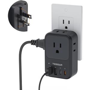 TESSAN USB C Charger Block 20W PD, Fast Charging Adapter with Foldable Plug, 1875W Power Outlet Extender(4 AC and 4 USB) for Cruise, Home, Office, Dorm Room Essentials, Black