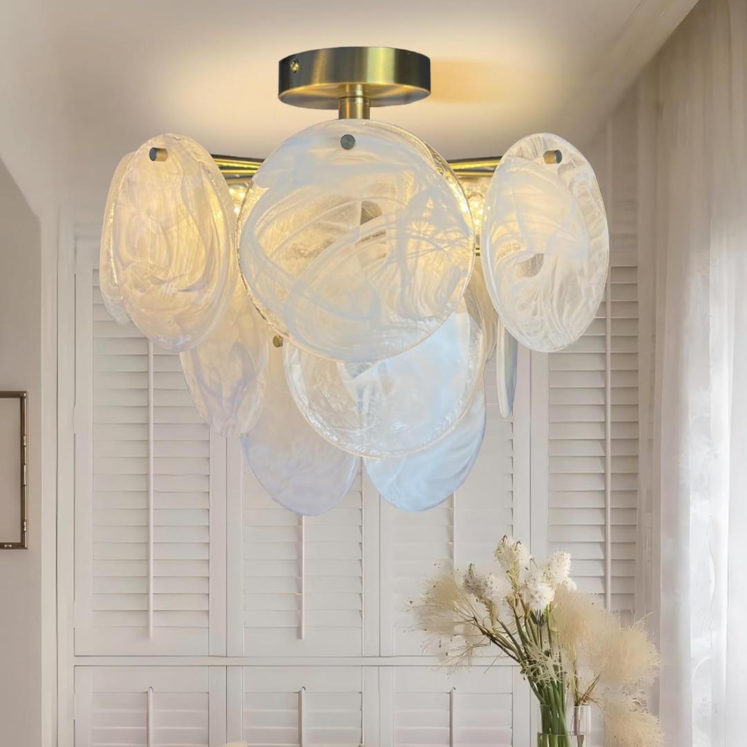 Small Crystal Chandelier Semi Flush Mount Ceiling Light Fixture Modern Bronze Gold Cloud Glass Chandelier Light for Entryway Hallway Bathroom Bedroom (14.2IN)