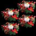 8 Pack 7 Inch Christmas Poinsettia Candle Ring, 4 Pcs Poinsettia Candle Holders and 4 Pcs Tealight Glass Wreath Table Centerpiece with Red Berries Snowy Pine Needles Votive for Xmas Home Party Decor