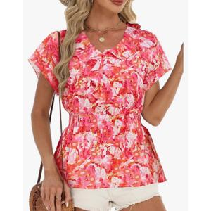 CiCiBird Women's Summer Boho Peplum Blouse Floral Print V Neck Shirt Ruffle Short Sleeve Casual Top, Size XL