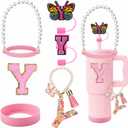 7pcs Cup Accessories for Stanley 30/40oz Tumbler, Handle Strap, Straw Cover, Silicone Boot, Letter Charm Stickers (Pink)