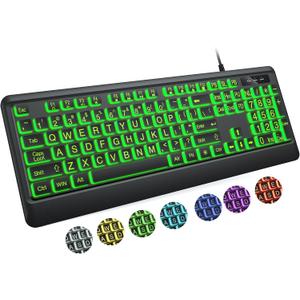 Large Print Keyboard - 7 Interchangeable Backlight Colors, Light Up USB Wired Computer Keyboards, USB Plug-and-Play, Foldable Stands, Corded Full Size Keyboard for Windows, PC, Laptop