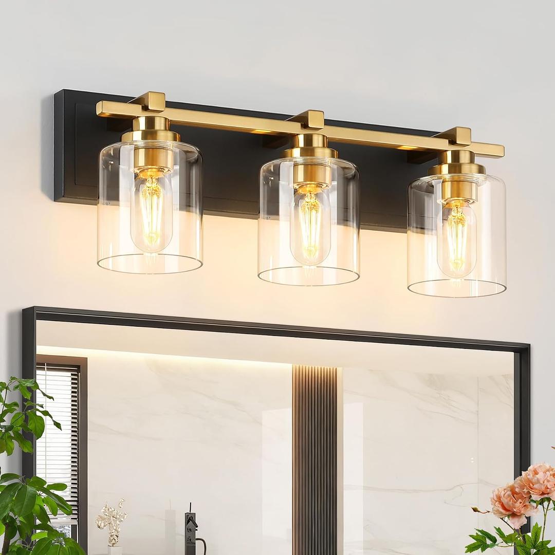 3 Light Modern Bathroom Light Fixtures Over Mirror, Black Gold Vanity Lights for Bathroom Wall Sconces with Clear Glass Shades, E26 Socket (Bulbs Not Included)