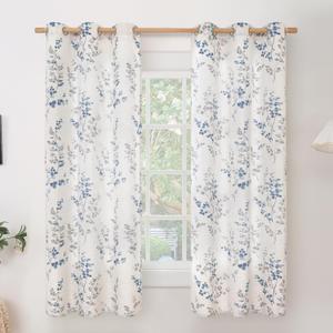BGment Linen Curtains for Bedroom 63 Inch Length 2 Panels Set Floral Leaf Patterns, Light Filtering Window Privacy Curtains for Living Room Boho Farmhouse Vintage, Each 42 Inch Wide, Navy
