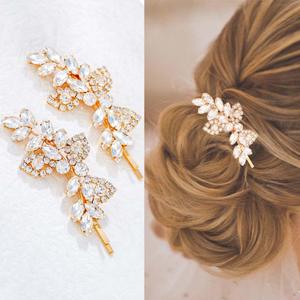 Foyte 2PCS Rhinestone Hair Clips Crystal Wedding Hair Pins Bridal Leaf Barreters Bridemaid Hair Accessories for Women and Brides (gold)