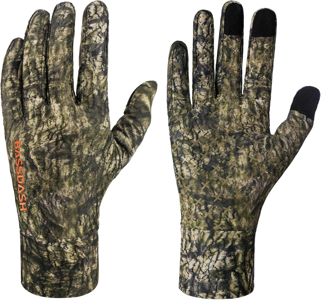 BASSDASH Mens Camo Hunting Gloves UPF 50+ Lightweight Touchscreen Gloves for Warm Weather Fishing Hiking Outdoor Activities