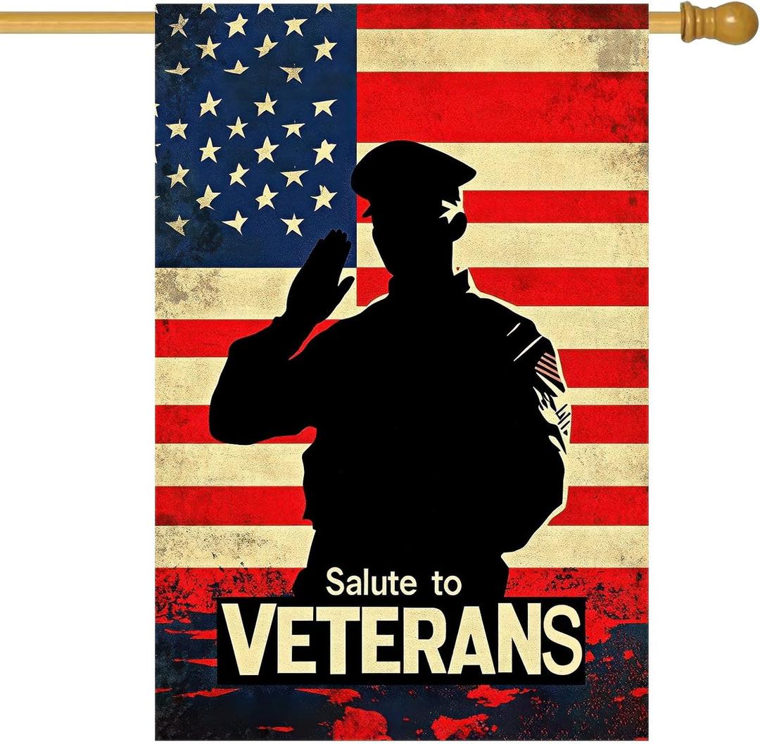 Veterans Day Garden Flag 28 x 40 Inch Double Sided House Flag with American Flag and Soldier Salute Design for Outdoor Yard Porch Memorial Patriotic Decor