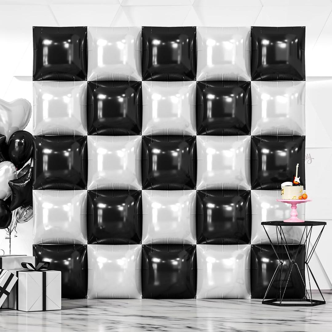 NISOCY 25PCS Black White Square Foil Balloons Wall Backdrop Double Sided Black Pearl White Balloons Arch Kit for Birthday Wedding Anniversary Bridal Baby Shower Graduation Party Decorations
