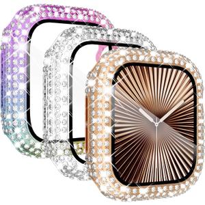 KADES 3-Pack Bling Cases Compatible with Apple Watch Series 11 10 46mm Full Diamond with Built-in Screen Protector for Apple Watch (46mm, Rose Gold/Iridescent/Clear)