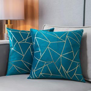 YONGLIU Pack of 2 Velvet Cushion Cases Decorative Gold Foil Geometric Pattern Throw Pillow Covers for Modern Homes Couch Sofa Bedroom Living Room (Aqua Blue and Gold, 18X18)