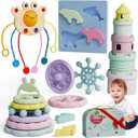 Silicone Baby Teething Toys Gift Set  5-in-1 Silicone Teethers for Babies - Montessori Toys for 1 Year Old - Stacking Cups, Ring Stacker Toy, Pull Toy, Puzzle - Gift Case - BPA-Free, Dishwasher Safe
