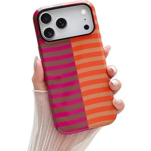 Skyseaco for iPhone 17 Pro Case Cute Aesthetic Horizontal Striped Phone Case for Women Girl Shockproof Slim TPU and Hard PC Protective Cover 6.3 inch 2025 - Orange and Pink