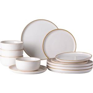 GBHOME Ceramic Dinnerware Sets for 4, 12 Pieces Stoneware Plates and Bowls Sets, Scratch Resistant Dishes, Dishwasher & Microwave Safe, Reactive Glaze-White