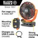 Klein Tools PJSFM1 Cordless Rechargeable Fan with USB-C Charging Cord and Multiple Mounting Options Perfect for the Jobsite