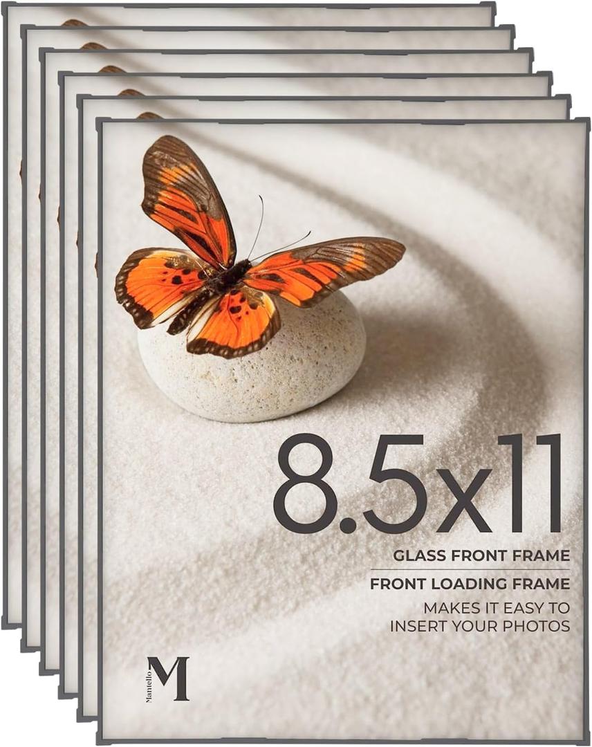 MANTELLO ESSENTIALS 8.5 by 11 picture frame 6 PACK 8.5 x 11 frame Front Loading picture frames 8.5 x 11 Pictures Documents Certificates Diplomas, And More (Black)