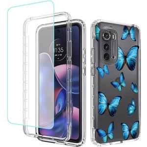 Case for Moto Edge 2022/Motorola Edge 2022 5G UW XT2205 Case with Tempered Glass Screen Protector, Full Body Clear Floral TPU Phone Protective Cover for Motorola Moto Edge 2022 5G (Butterfly)