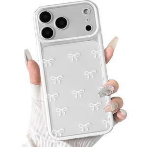 NITITOP Compatible for iPhone 17 Pro Max Case Cute Clear Durable Ribbon Bowknot Pattern for Girls Women Soft TPU Transparent Full Camera Lens Shockproof Protective Phone Cover - White