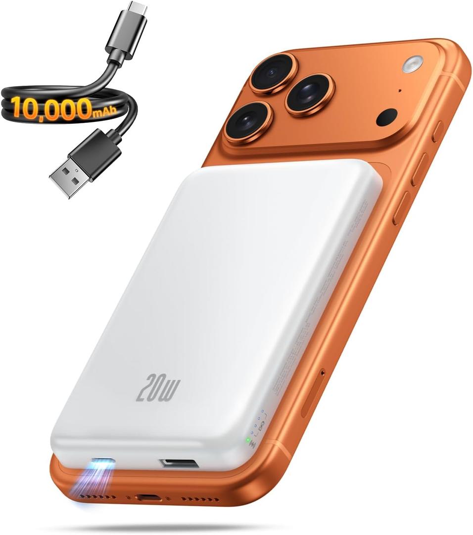 Portable Charger for Magsafe Power Bank - 10000mAh Magnetic Phone Charger, USB C 20W PD Fast Charging, Slim Wireless Battery Pack for iPhone 17/16/15/14/13/12 Series, for Travel Cruise Essentials (White)