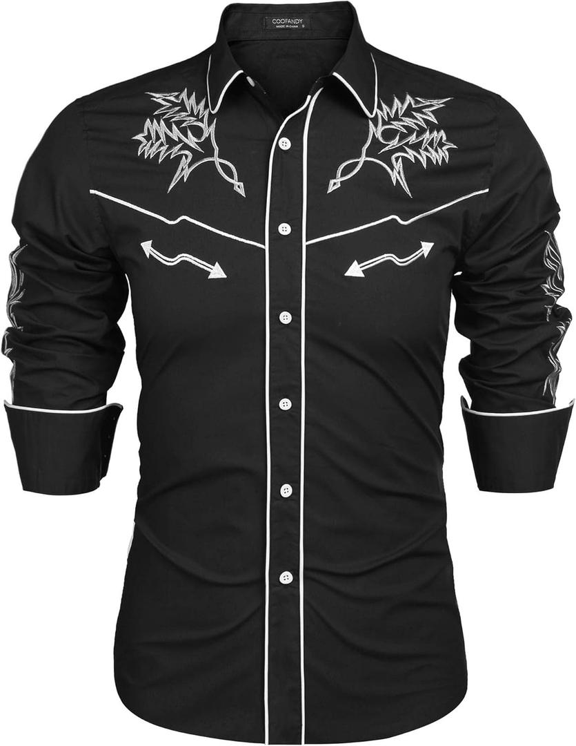 COOFANDY Men's Western Cowboy Shirt Long Sleeve Embroidered Shirt Slim Fit Cotton Casual Button Down Shirt (Medium, 01-black)