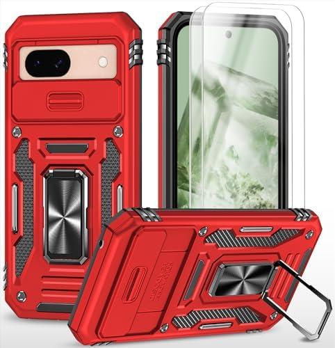 Pack of 2 PhuLok Compatible with Google Pixel 8A Case with HD Screen Protector,[Slide Camera Cover][Kickstand][Military-Grade] Heavy Duty Protection (Red)