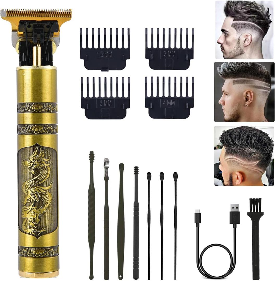 Hair Clippers for Men, Professional Hair Trimmer T Blade Trimmer Zero Gapped Trimmer, Cordless Rechargeable Beard Trimmer Shaver Hair Cutting Kit with Guide Combs (Gold) (Dragon Phoenix)