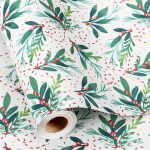 Retrify White Wrapping Paper Roll - Cute Red Berry and Green Leaves Mini Roll Foil Gift Wrap Paper for Christmas Holiday Festive Decoration - 17 Inches x 32.8 Feet