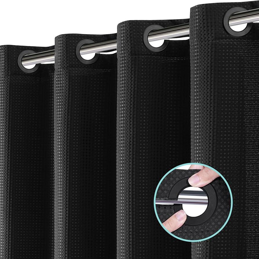 Vipfree No Hook Shower Curtain, Waffle Weave Thick Fabric Shower Curtain for Bathroom, 258 GSM Luxury Polyester Cloth Bath Curtain with 10 Built in Grommets, 72W x 74H, Black