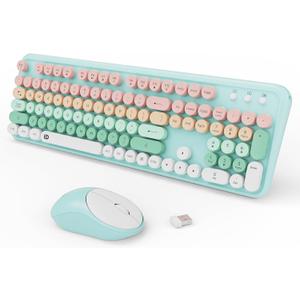 FOPETT 2.4GHz Wireless Keyboard and Mouse Set with Switch Button - Full-Size Keyboard - Compatible for Windows/Laptop/PC/Notebook/Smart TV and More - Green (EK8870 Green Colorful)