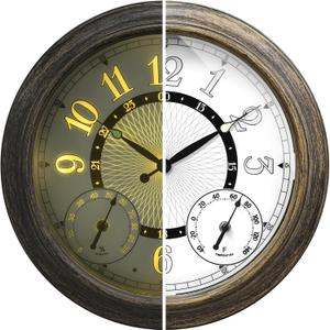 Illuminated Large Metal Outdoor Clocks Waterproof 18 Inches With AI Auto Light Smart Sensor,Extra Big Indoor Outdoor Wall Clocks With Thermometer & Hygrometer for Patio, Pool, Garden,Porch (Grey Oak)