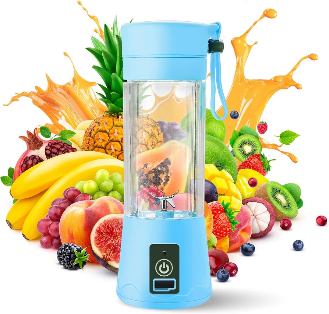Portable Blender - Compact and USB Rechargeable Personal Travel Blenders for Smoothies, Shakes and Ice - Mini Fruit Juice Mixing Shaker Bottle - 380ml, Blue