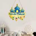 LHIEUM 11in Vintage Ramadan Mubarak Decoration Eid Mubarak Lights Hanging Sign Moon Stars Islamic Ramadan Wreath Front Door Ramadan Castle Crafts Muslim Symbol Wood Decor for Living Room Prayer Room