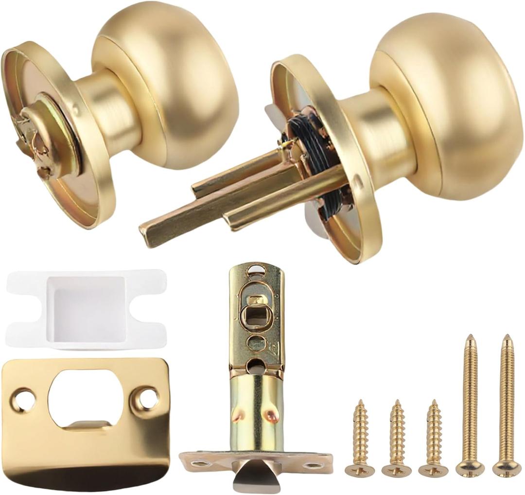 Gold Door Knobs Interior, Satin Brass Door Knobs for Bedroom and Bathroom, Privacy Door Knob with No Lock, Modern Round Ball Door Handle, Heavy Duty Stainless Steel, Keyless Locking, 1 Pack
