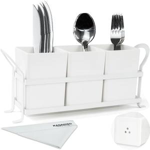 KAQAHIDO Utensil Caddy with Drain Holes, Cutlery Organizer for Kitchen Countertop Drawer 3pcs Bins Set Silverware Holder for Spoon, Fork and Knife, White