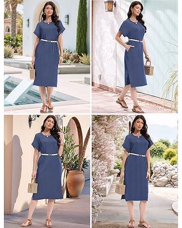 Kopinma Womens Casual T Shirt Dress Summer Fall Crewneck Loose Fit Side Split Knee Length Dress Ribbed Pattern with Pockets S