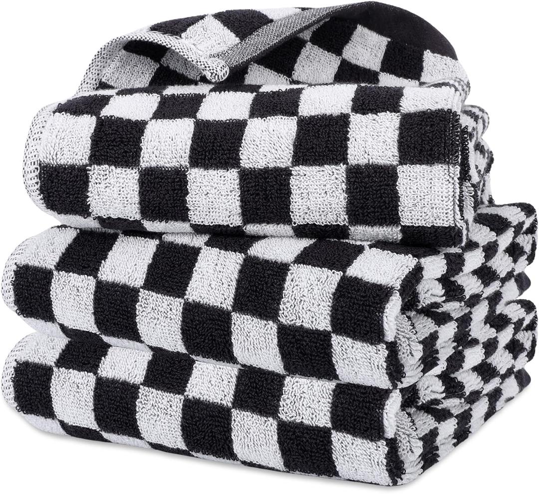 3 Pack Black and White Checkered Hand Towels 100% Cotton Absorbent Soft Decorative Towel for Bathroom Kitchen Home Hotel Beach, 29 x 13.4 Inches