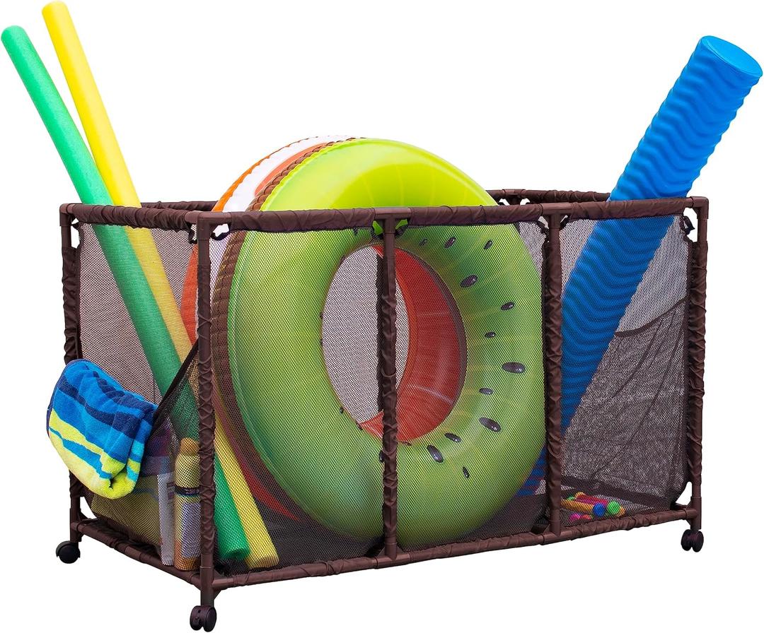 Pool Noodles Holder, Toys, Balls, Floats and Equipment Mesh Rolling Storage Organizer Bin, Kids Height, Large, (43" W x 25" L x 28" H), Brown Style 563009