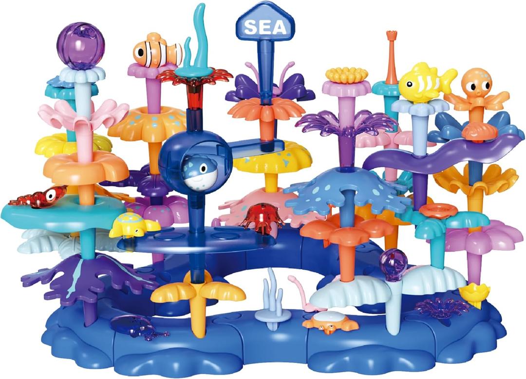 Marine Explorer STEM Building Set with 7 Sea Creatures - 76 Piece Coral Reef Blocks for Preschool Learning, Includes Crab, Turtle & PufferfishOcean-World-L2