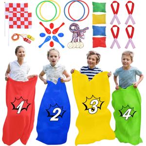 GOLDGE 28 Piece Outdoor Games Kit for Kids, Includes Potato Sack Race Bags, Bean Bag Toss, 3 Legged Race Bands, Egg Spoon Relay, for Easter & Birthday Parties