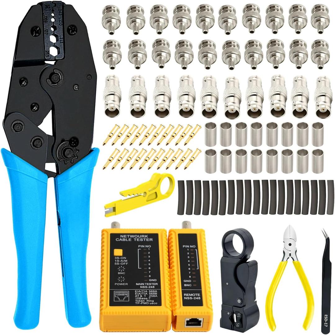 Coaxial Cable Tool Kit - BNC Crimp tool for RG58, RG59, RG62, RG174, 20PCS BNC Male Crimp Connectors for RG58 and 10PCS Female to Female Connectors, Heat Shrink Tubing Cable Tester, Stripper