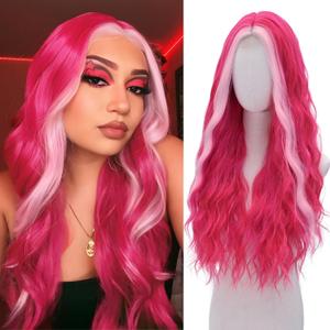 Hot Pink Wig-Long pink Wigs for Women Natural Wavy Synthetic Wig Heat Resistant Fiber Wigs for Daily Party Halloween Cosplay (28 Inch)
